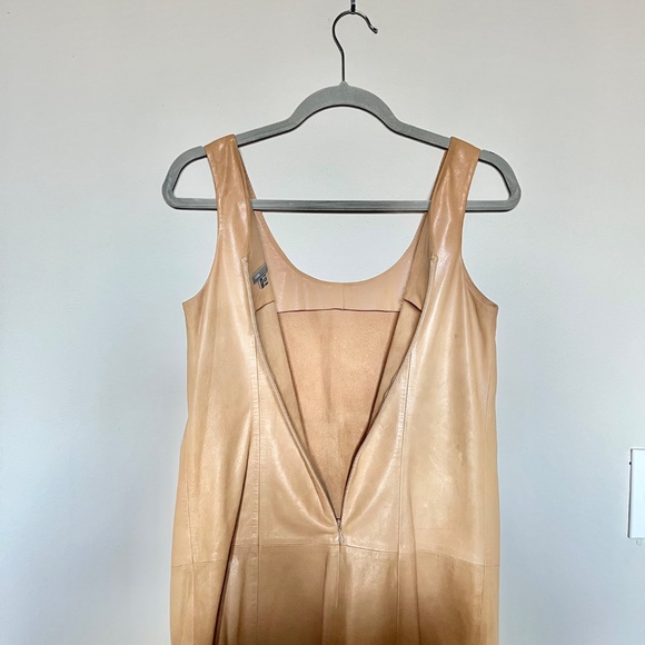 VINCE 100% Lamb Leather Sleeveless Tank Front Pocket Mini Shift Dress Tan Size 2 - Picture 10 of 15